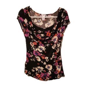 Candie's Floral Cowl Top Med Black Pink Y2K Shelf Bra Stretch Whimsi Fairy